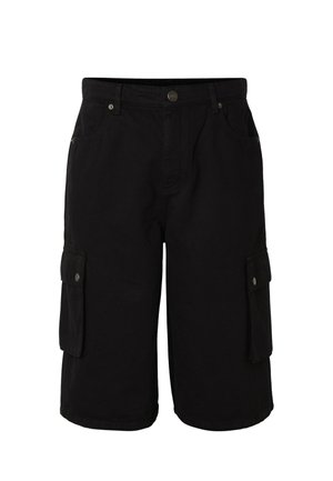 Schwarze Knie-Lange Cargo-Shorts mit Vordertaschen, Gürtelschlaufen, Knopfverschluss und seitlichen Klapptaschen mit Druckknöpfen.