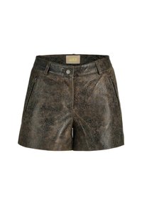 Shorts en cuir texturé marron foncé avec fermeture à bouton à l'avant, passants de ceinture et poches latérales zippées verticales.