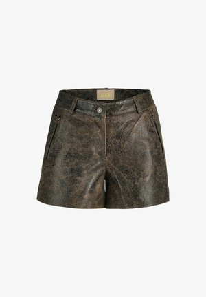 Tumed pruunist tekstureeritud nahast lühikesed püksid ees nupukinnitusega, vöölõngadega ja vertikaalsete lukuga küljetaskutega.