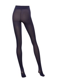 Opaka marinblå strumpbyxor med en mjuk textur och hög midja. Materialet verkar elastiskt och kroppsnära, lämpligt för olika outfits.