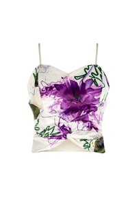 Top in tessuto bianco con stampa floreale viola e dettagli verdi. Presenta una scollatura a cuore e un dettaglio annodato in vita. Spalline regolabili.
