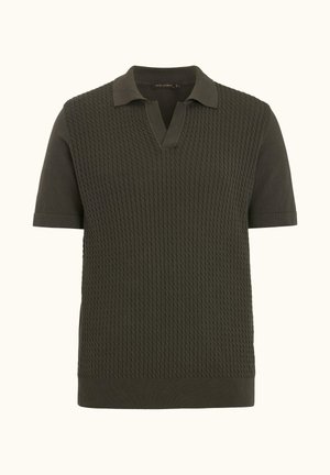 Mørkegrøn polo med korte ærmer, tekstureret strikket frontpanel og glatte ærmer, krave og kant.