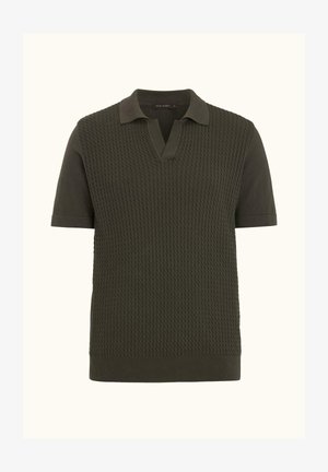 Dunkelgrünes Polohemd mit kurzen Ärmeln, vorne aus strukturiertem Strick und an den Ärmeln, am Kragen sowie am Saum aus glattem Stoff.