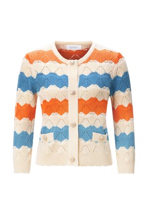 Gebreid vest met een gestructureerd chevronpatroon in crème, oranje en blauw, met een ronde halslijn, knopen aan de voorkant en twee kleine voorzakken.