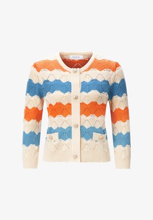 Kootud kardigan tekstuurse ševroonmustriga kreemjas, oranžis ja sinises toonis, ümmarguse kaeluse, ees oleva nööpide ja kahe väikese esitaskuga.