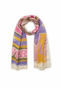 Foulard en soie multicolore présentant des imprimés graphiques audacieux en rose, violet et jaune, avec une texture lisse et un drapé léger.