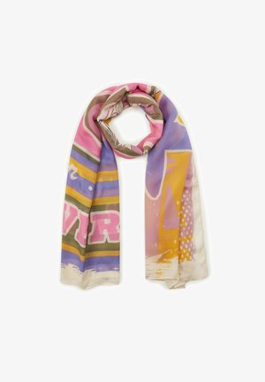 Foulard en soie multicolore présentant des imprimés graphiques audacieux en rose, violet et jaune, avec une texture lisse et un drapé léger.
