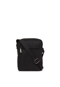Borsa a tracolla nera in nylon, con tasca anteriore con zip, tracolla regolabile e un sottile dettaglio del logo sulla tracolla.