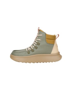 Bota de lona verde con suela de goma beige, tacón amarillo en contraste y cordones de color claro. Detalles texturizados cerca del tobillo.