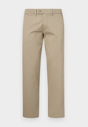 Jasnobeżowe spodnie wykonane z gładkiego materiału, o prostym kroju, z przednimi kieszeniami i pojedynczym zapięciem na guzik w talii.