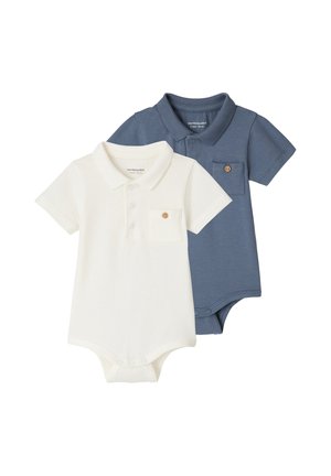 Two short-sleeve baby bodysuits with collars, one cream and one blue, each with a front buttoned pocket and snap closures at the bottom.
