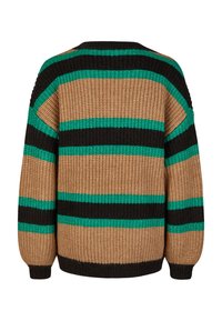 Pull en tricot à manches longues, avec des rayures horizontales noir, vert et marron. Tissu texturé et coupe décontractée.