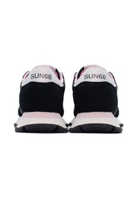 Black suede sneakers with a pink and white sole, featuring a rounded toe and "SUN68" branding on the heel. Textured fabric detail.