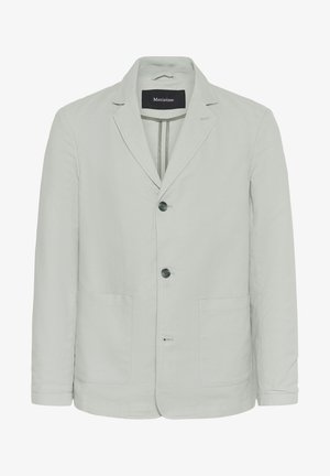 Šviesiai pilkas švarkas, pagamintas iš lygios medžiagos, su kirptu apykakle, trimis mygtukais, dviem priekiniais kišenėmis ir minimalistinio dizaino akcentais.