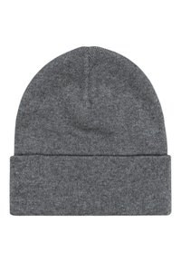 Grå strikket beanie lavet af blødt, strækbart materiale med en bred opsmøgning og en glat tekstur, der har et afrundet topdesign.