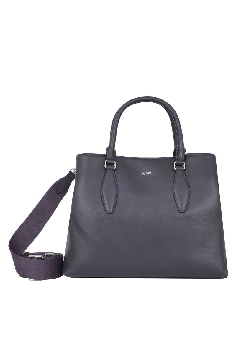 Borsa a mano in pelle grigio scuro con doppi manici superiori e una tracolla removibile. Presenta linee eleganti e una texture liscia, senza motivi visibili.