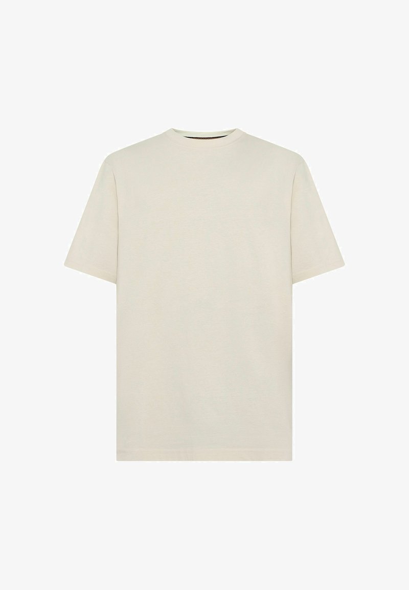 Light beige cotton t-shirt with a classic crew neckline and short sleeves. Simple, unadorned design. Soft texture, regular fit.