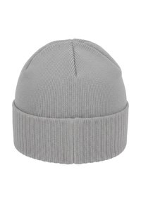 Gray knitted beanie hat with a ribbed cuff. The texture is soft with a rounded top and a seam running down the center.