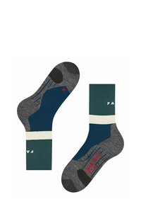 Due coppie di calzini con colori grigio scuro, teal e crema, caratterizzati da design a righe e aree rinforzate nel tallone e nella punta. Inclusa la scritta rossa.