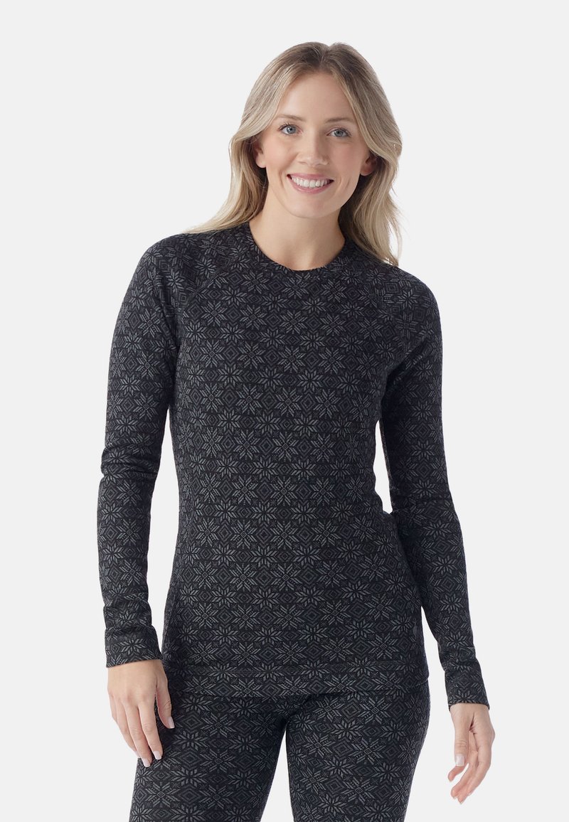 Black long-sleeve shirt with a textured geometric pattern. Made from soft fabric, features a crew neckline and fitted silhouette.