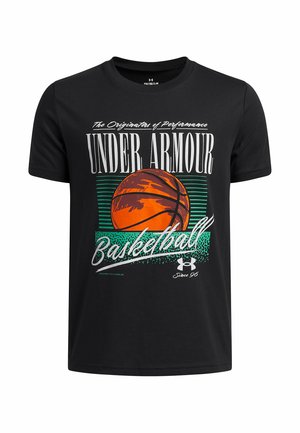 Black cotton t-shirt featuring a graphic of a basketball, green stripes, and white lettering reading "UNDER ARMOUR Basketball."