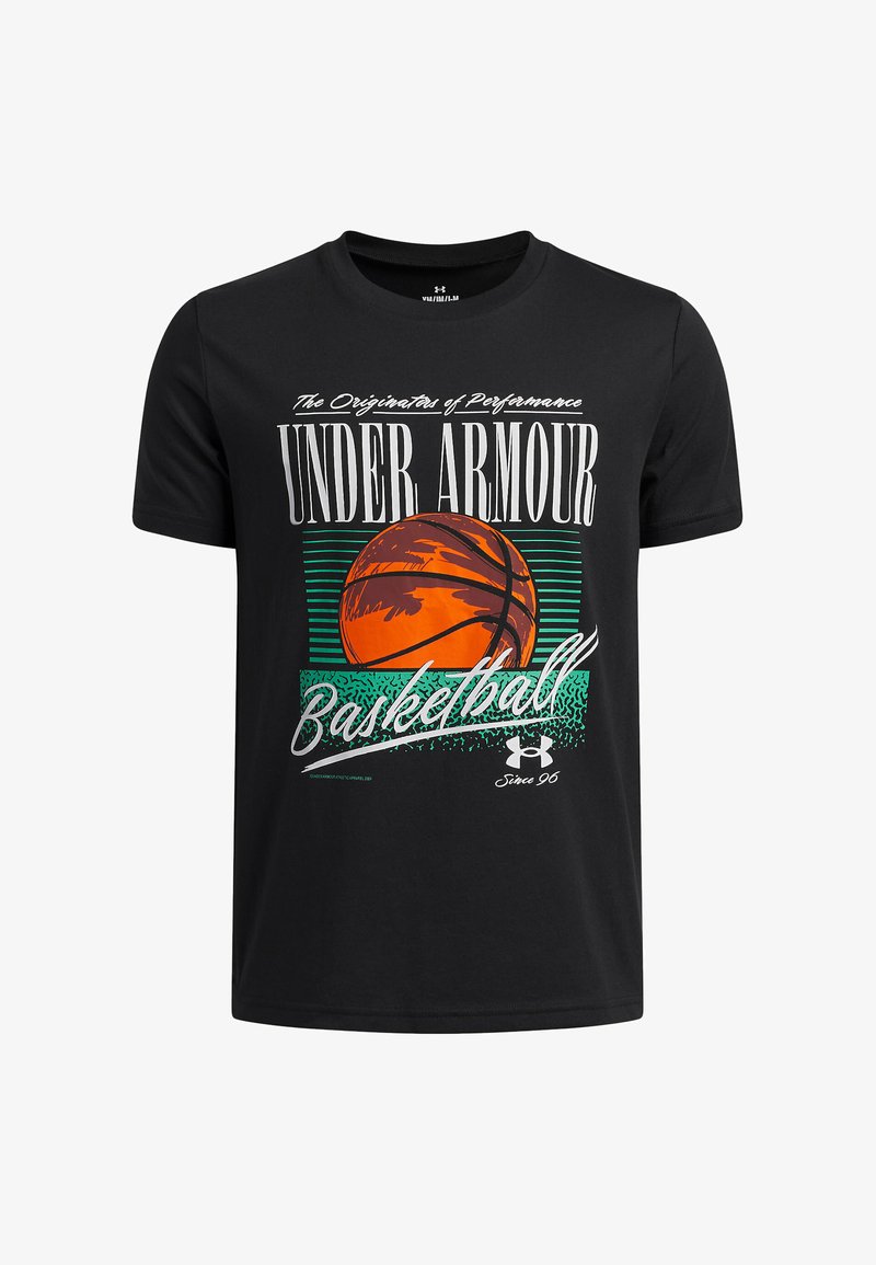 Czarna bawełniana koszulka z grafiką przedstawiającą piłkę do koszykówki, zielone paski oraz białe napisy "UNDER ARMOUR Basketball".