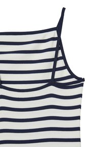 Top senza maniche a righe navy e bianche con spalline sottili, realizzato in tessuto a costine, caratterizzato da un design aderente e un collo dritto.