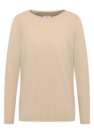 Beige långärmad topp i ett mjukt, lätt material. Har en rund halsringning och en något rynkad fåll. Inga mönster eller detaljer.
