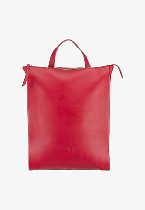 Borsa tote in pelle rossa con manico superiore, chiusura a cerniera e leggero rilievo del marchio centrato vicino alla base.