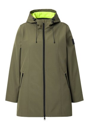 Olivgrüne, wasserdichte Jacke mit Kapuze, schwarzem Reißverschluss und seitlichen Taschen mit leuchtend grüner Innenauskleidung. Glattes Material und lockere Passform.