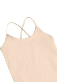 Camisetta beige con sottili bretelle incrociate. Realizzata in tessuto morbido, presenta un design minimalista e liscio senza ulteriori motivi o dettagli.