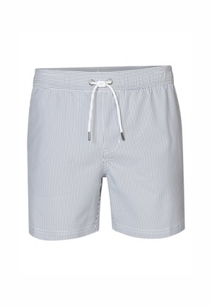 Gestreifte Badeshorts in Blau und Weiß, mit einem elastischen Bund und Kordelzug, seitlichen Taschen und einem leichten Stoff.