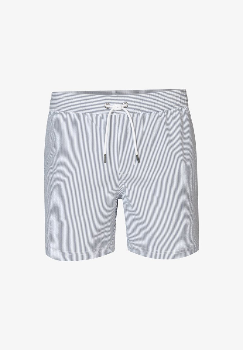 Bañador a rayas en azul y blanco, con cinturilla elástica y cordón, bolsillos laterales y una tela ligera.