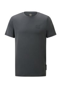 Mørkegrå kortærmet t-shirt lavet af glat stof. Har et lille prægede logo på brystet og et sidelabel for ekstra detaljer.