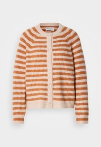 Cardigan a righe in beige e ruggine, con scollo rotondo, chiusura a bottoni con dettagli testurizzati e polsini e orlo a coste.