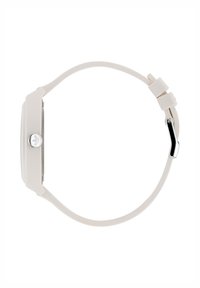 Bijela silikonska narukvica s satom s pravokutnim kućištem i srebrnim detaljima. Sadrži minimalističko lice i bočni gumb, ističući čist dizajn.