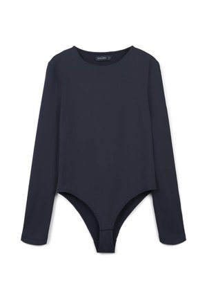 Body con maniche lunghe di colore nero con scollo rotondo, forma aderente e chiusura a pressione all'inguine, disteso su uno sfondo bianco.
