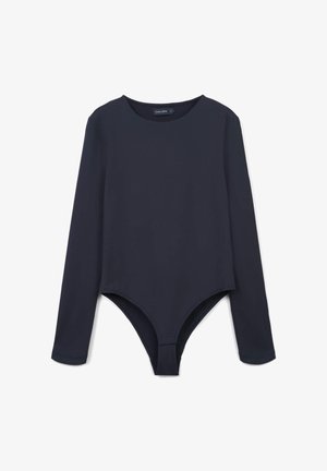 Body con maniche lunghe di colore nero con scollo rotondo, forma aderente e chiusura a pressione all'inguine, disteso su uno sfondo bianco.