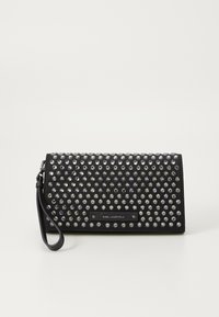 Black clutch bag featuring a studded design with silver and clear rhinestones, textured material, and a detachable wrist strap.