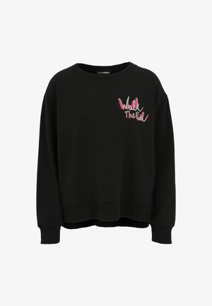 Schwarzes Langarm-Sweatshirt mit gerippten Bündchen und Saum, versehen mit pinkem und grauem gesticktem Text "Walk The Path" auf der linken Brust.