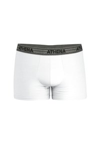 Shorts en coton blanc avec une coupe ajustée, dotés d'une ceinture grise avec le logo noir "ATHENA". Texture lisse, longueur jusqu'à mi-cuisse.