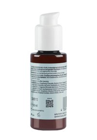 Brązowa szklana butelka z białą nakrętką pompkową, zawierająca 50 ml żelowej cieczy. Tylny etykiet informuje o składnikach i instrukcjach użycia.