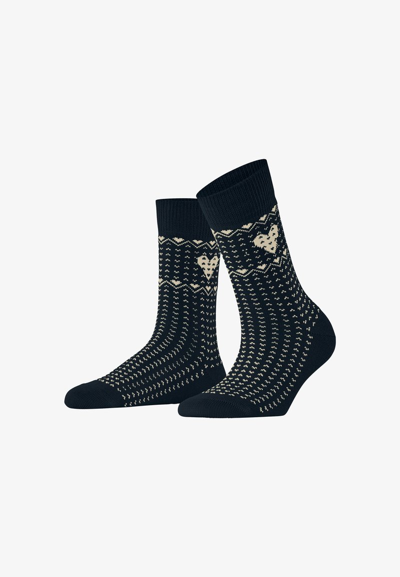 Granatowe skarpetki z kremowym wzorem z motywami serc i zygzakowymi liniami, ściągaczem prążkowanym oraz teksturowanym splotem.