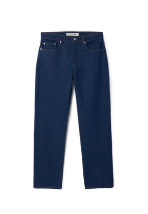 Donkerblauwe denim jeans met een rechte pasvorm, vijf zakken en contrasterende stiksels. Voorzien van een metalen knoopsluiting en een merketiket op de tailleband.