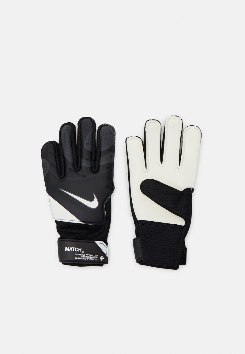 Guanti da portiere in bianco e nero con presa testurizzata, polsino elastico e palmi imbottiti. Presentano il logo Nike e una cinghia regolabile.