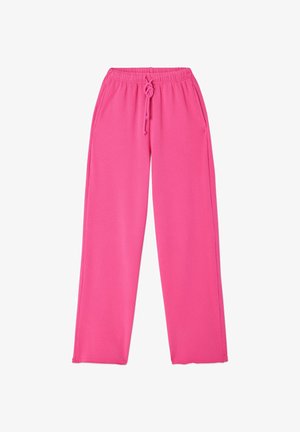 Rožiniai medvilniniai treniruoklių šortai su raišteliu juosmenyje, plačiomis kojomis ir lygiu paviršiumi. Yra vientisos spalvos, be raštų ar akcentų.