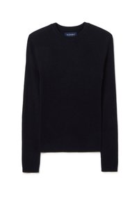 Pull à col rond bleu marine en tissu tricoté doux. Comporte des accents côtelés aux épaules et des manches longues avec un ourlet droit à la taille.