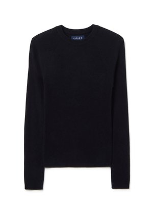 Pull à col rond bleu marine en tissu tricoté doux. Comporte des accents côtelés aux épaules et des manches longues avec un ourlet droit à la taille.