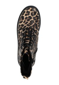 Stivale alla caviglia in stampa leopardata nero e oro con lacci, realizzato in materiale sintetico liscio, punta rotonda e dettaglio con zip laterale.