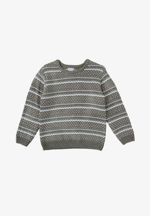 Pull en tricot gris avec des rayures horizontales et des motifs en diamants en blanc et bleu clair. Col rond et poignets côtelés.